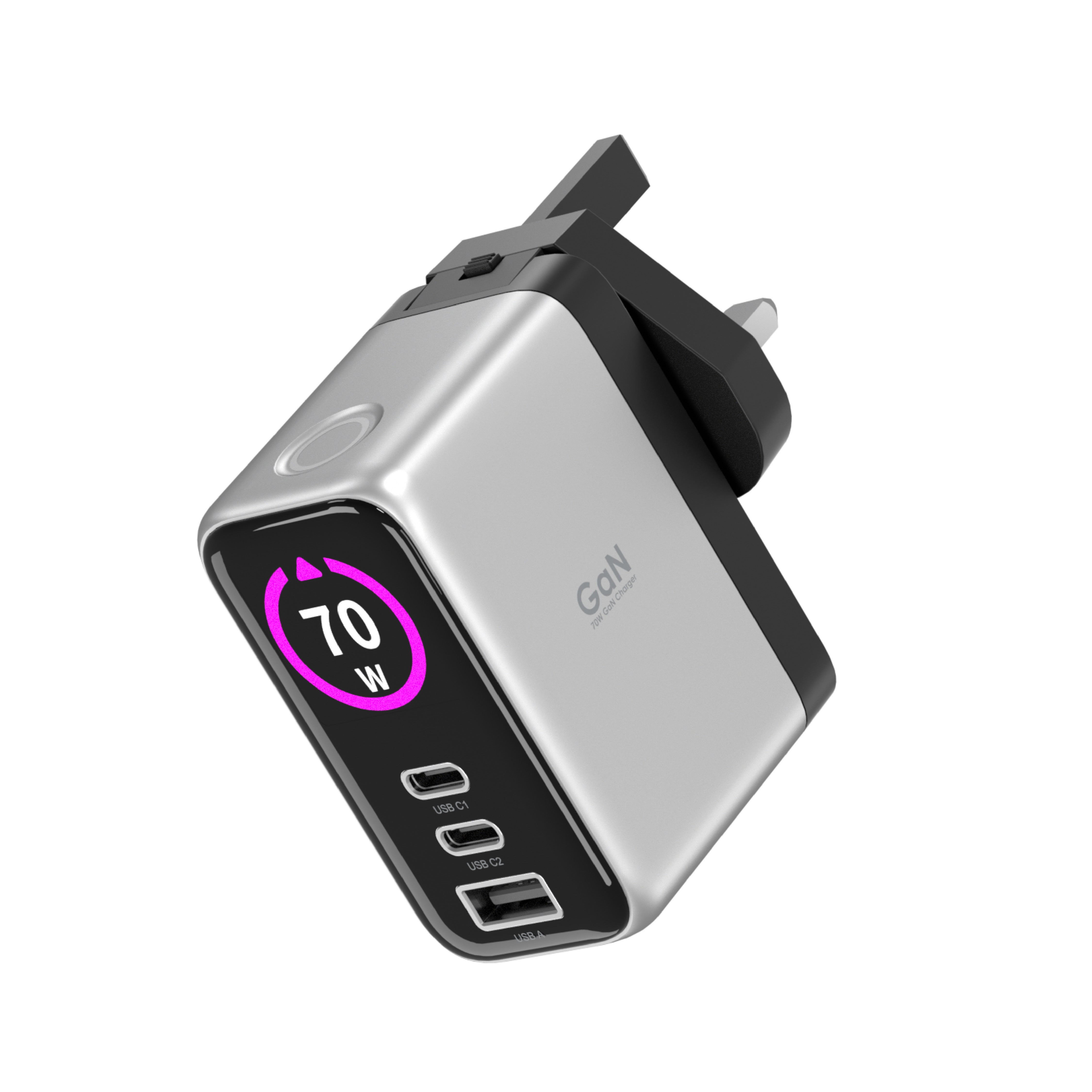 LZEL 70W GaN Travel Charger with 3-Port PD Digital Display & UK/EU/AU Plugs | Silver/Black LZEL 70W GaN Travel Charger with 3-Port PD Digital Display & UK/EU/AU Plugs | Silver/Black